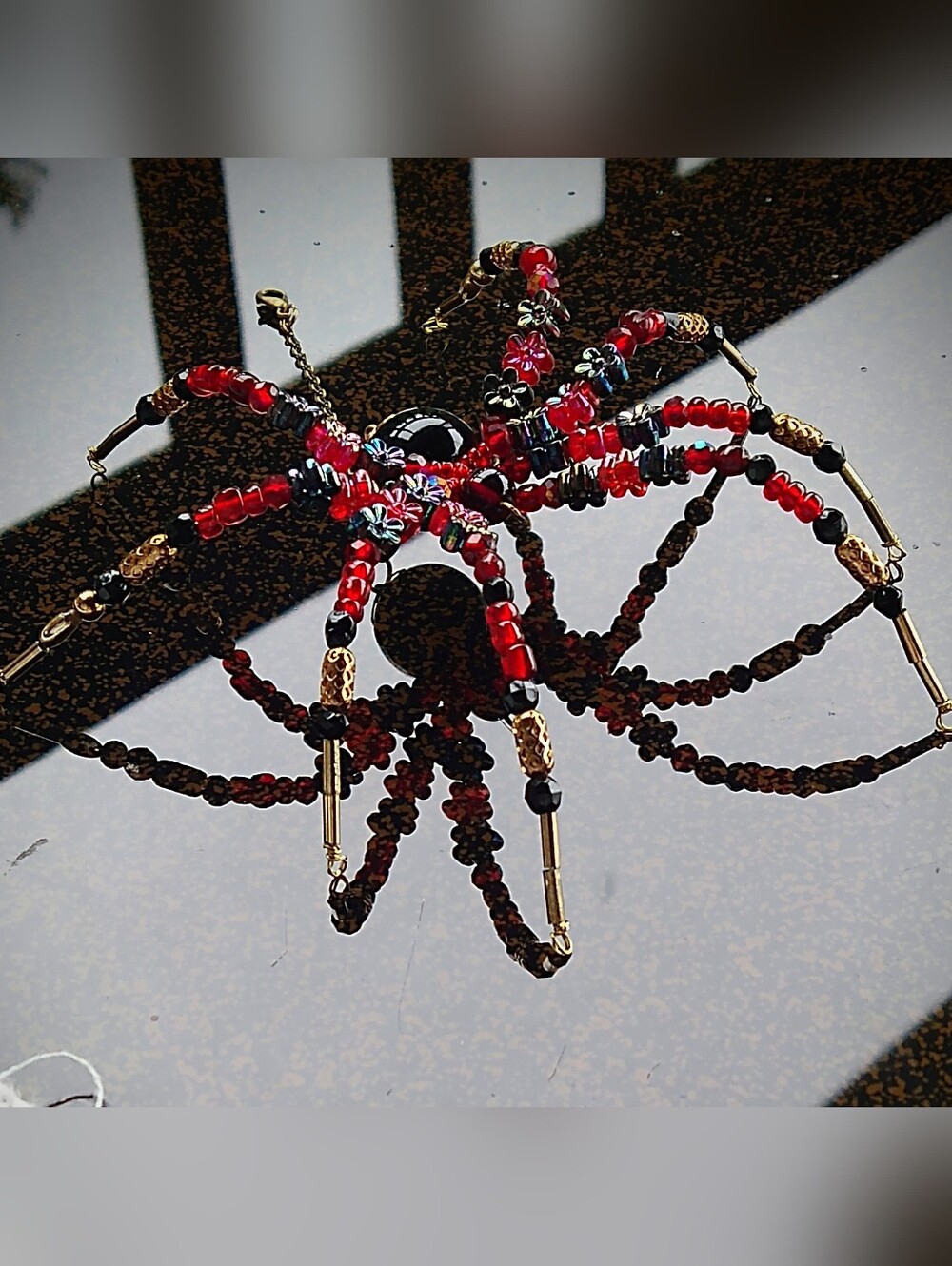 Hand Crafted • Red & Black Floral Beaded Spider Pendant - Picture 16 of 16